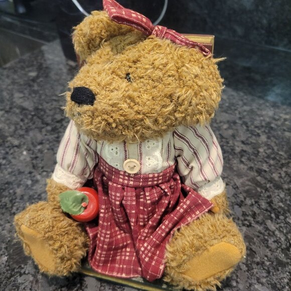 Vintage Teddy Bear Bookend - Red Gingham Dress & Bow Holding an Apple - Picture 13 of 16